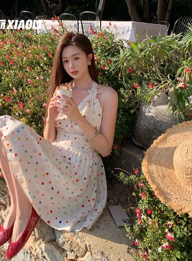 小丽霓虹趣彩春日少女多巴胺穿搭波点小个子a字挂脖吊带连衣裙