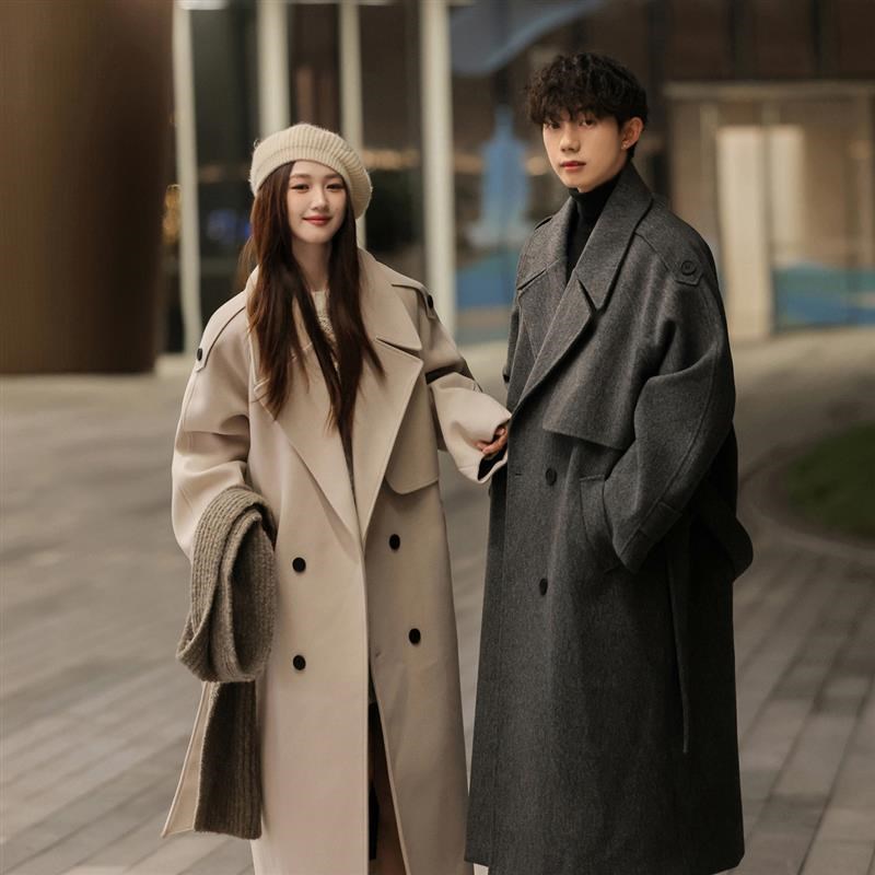 韩系中长款毛呢大衣男冬季户外潮牌情侣呢子外套复古百搭休闲上衣