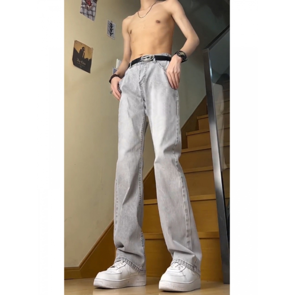 烟灰水泥色皮带款牛仔裤男潮流青少年夏季薄款裤子高腰窄版直筒裤