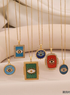 土耳其恶魔之眼项链Hamsa法蒂玛之手Evil Eye钛钢蓝眼睛锁骨链