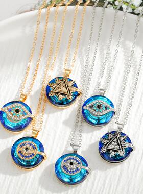 恶魔之眼Evil eye合金项链 土耳其蓝眼睛太阳吊坠毛衣链锁骨链