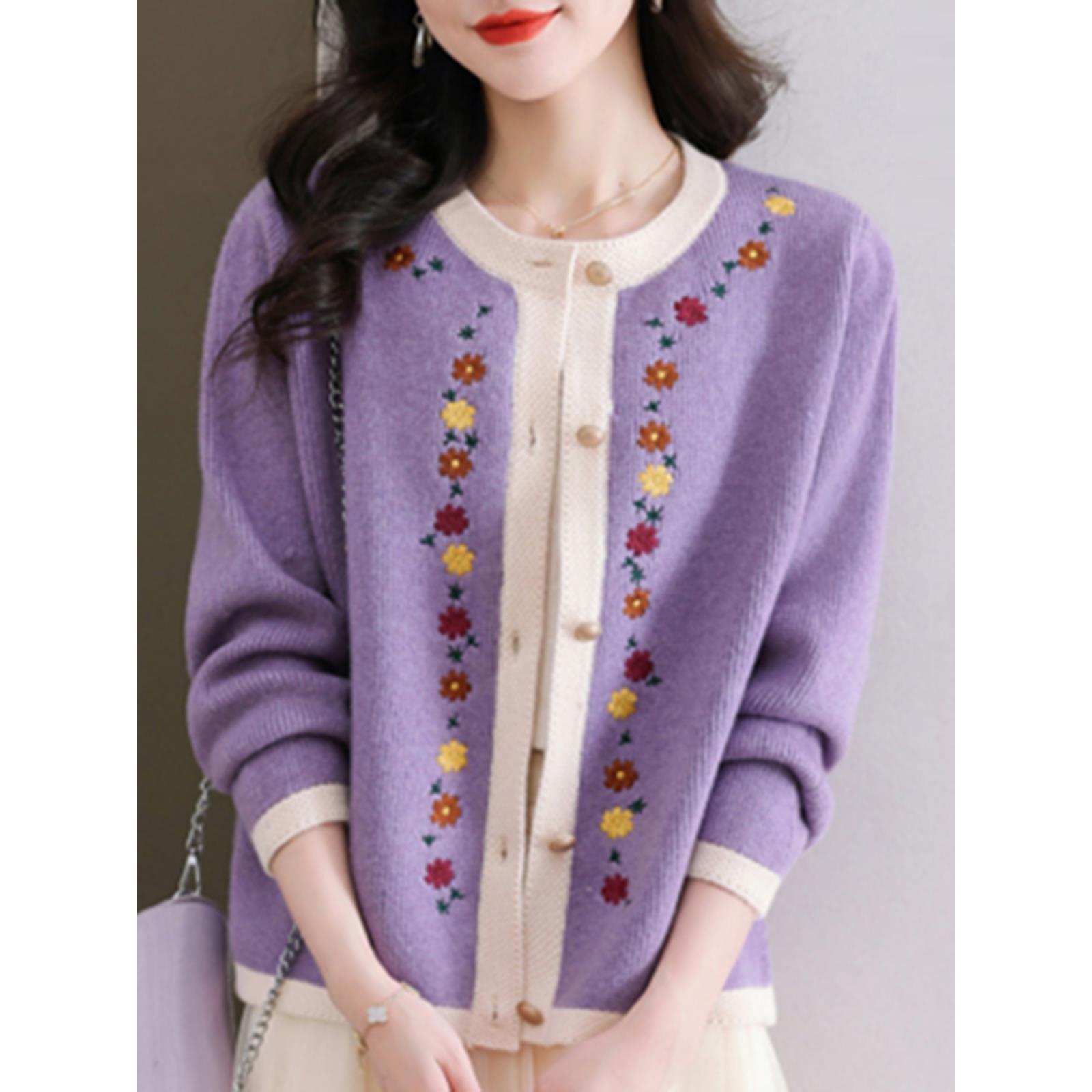 圆领绣花针织开衫女士宽松短款毛衣妈妈外套女配裙子羊毛外衣上衣