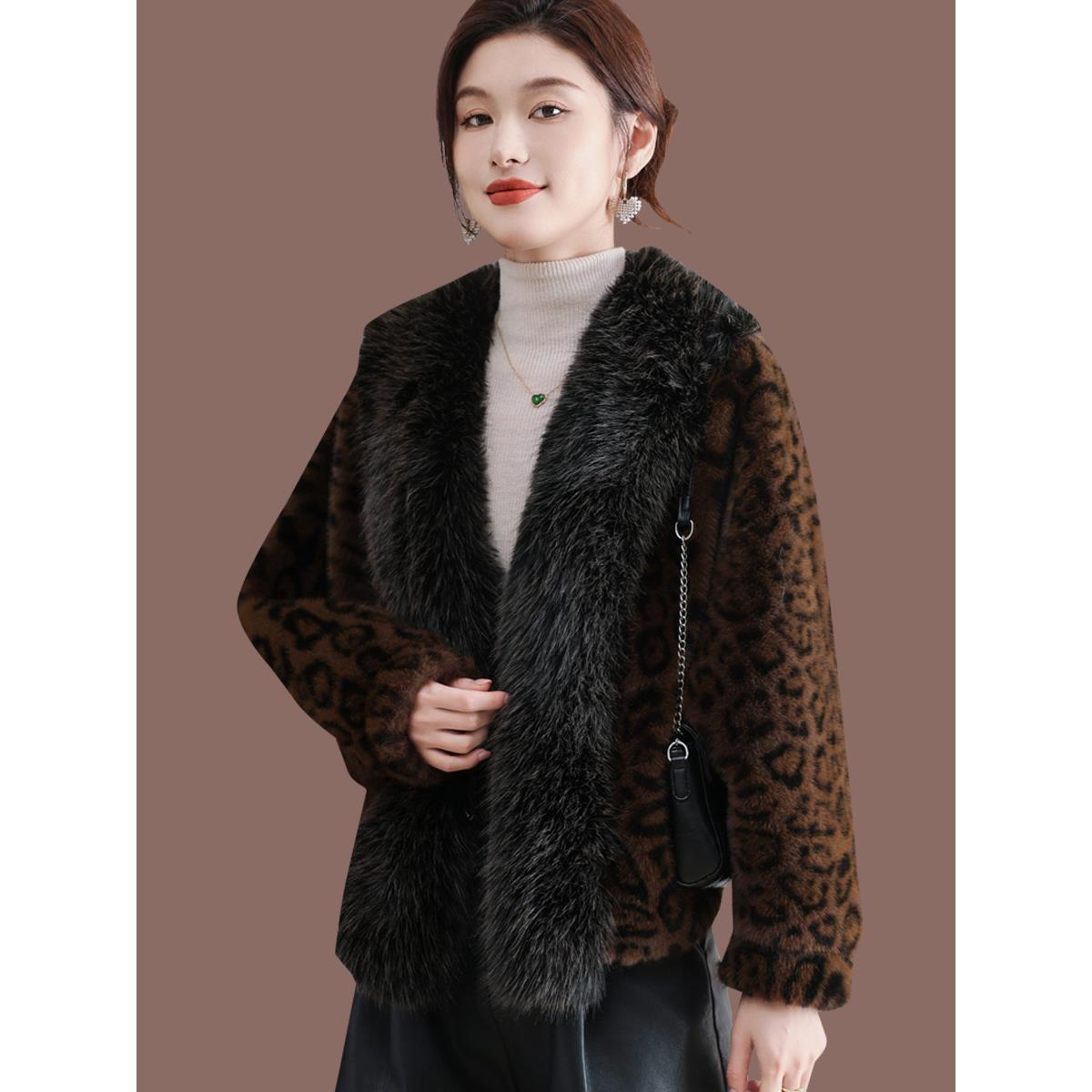 2025新款秋冬宽松大毛领仿皮草外套女豹纹皮毛一体水貂绒加厚上衣