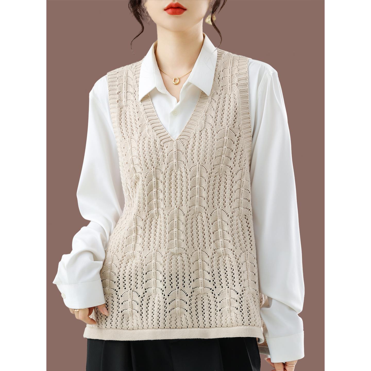 2025秋装新款V领无袖毛衣背心女士宽松外搭羊毛针织马甲叠穿上衣