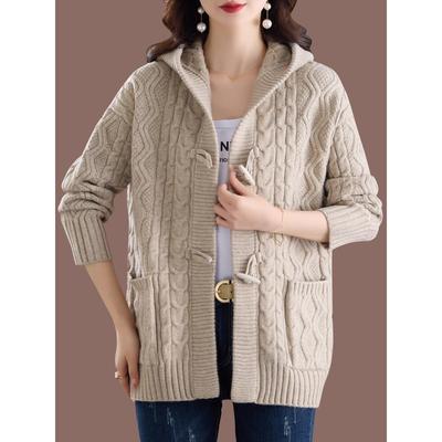 连帽羊毛针织开衫外搭春秋女2025新款毛衣外套加厚宽松秋装