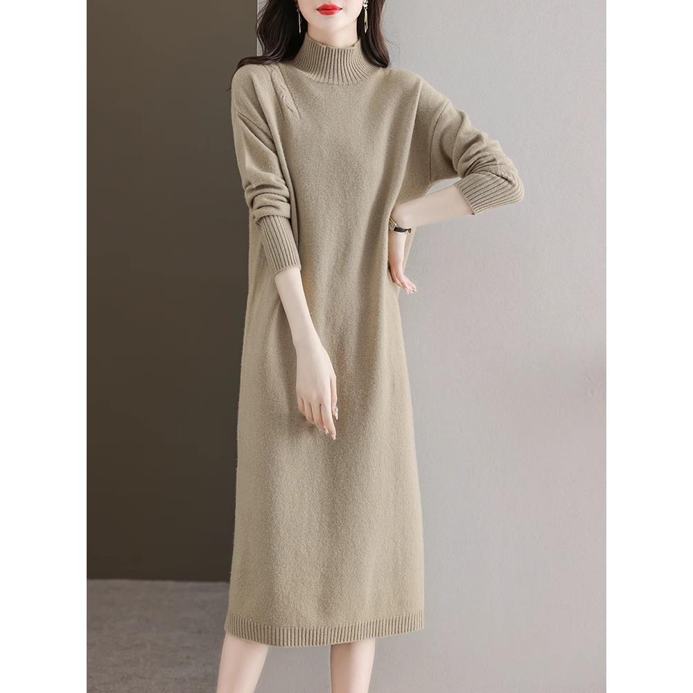 半高领毛衣裙女2025秋冬过膝长款宽松针织连衣裙配大衣内搭打底衫