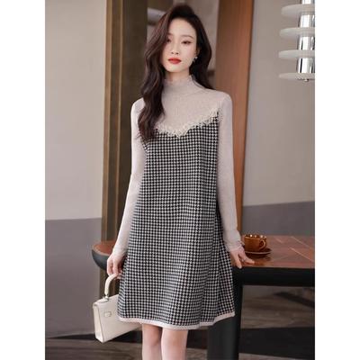 秋冬中长款针织连衣裙女2025年新款千鸟格配大衣打底衫内搭毛衣裙