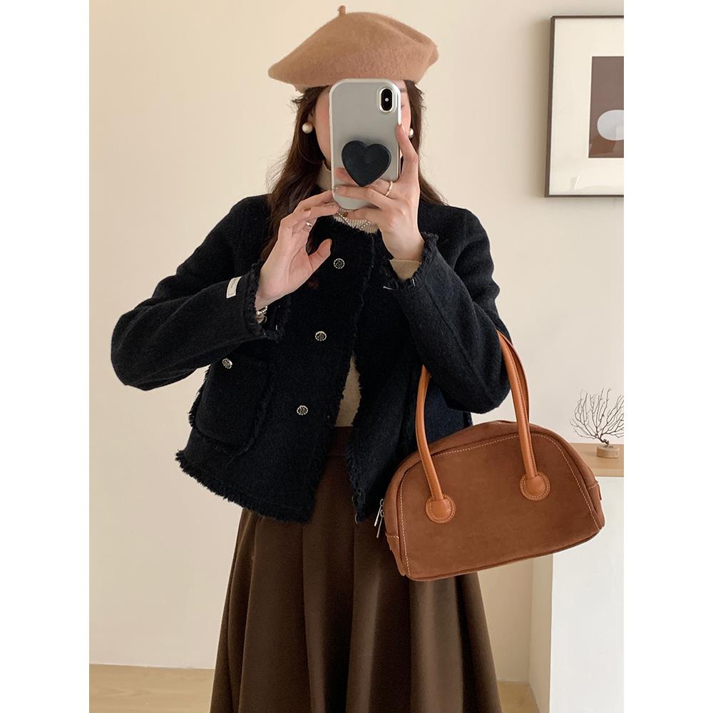 法式流苏小香风短款双面羊绒大衣女2025秋冬新款小个子毛呢外套