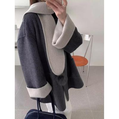 双面羊绒大衣女中长款韩版宽松显瘦小个子带围巾羊毛呢外套女秋冬