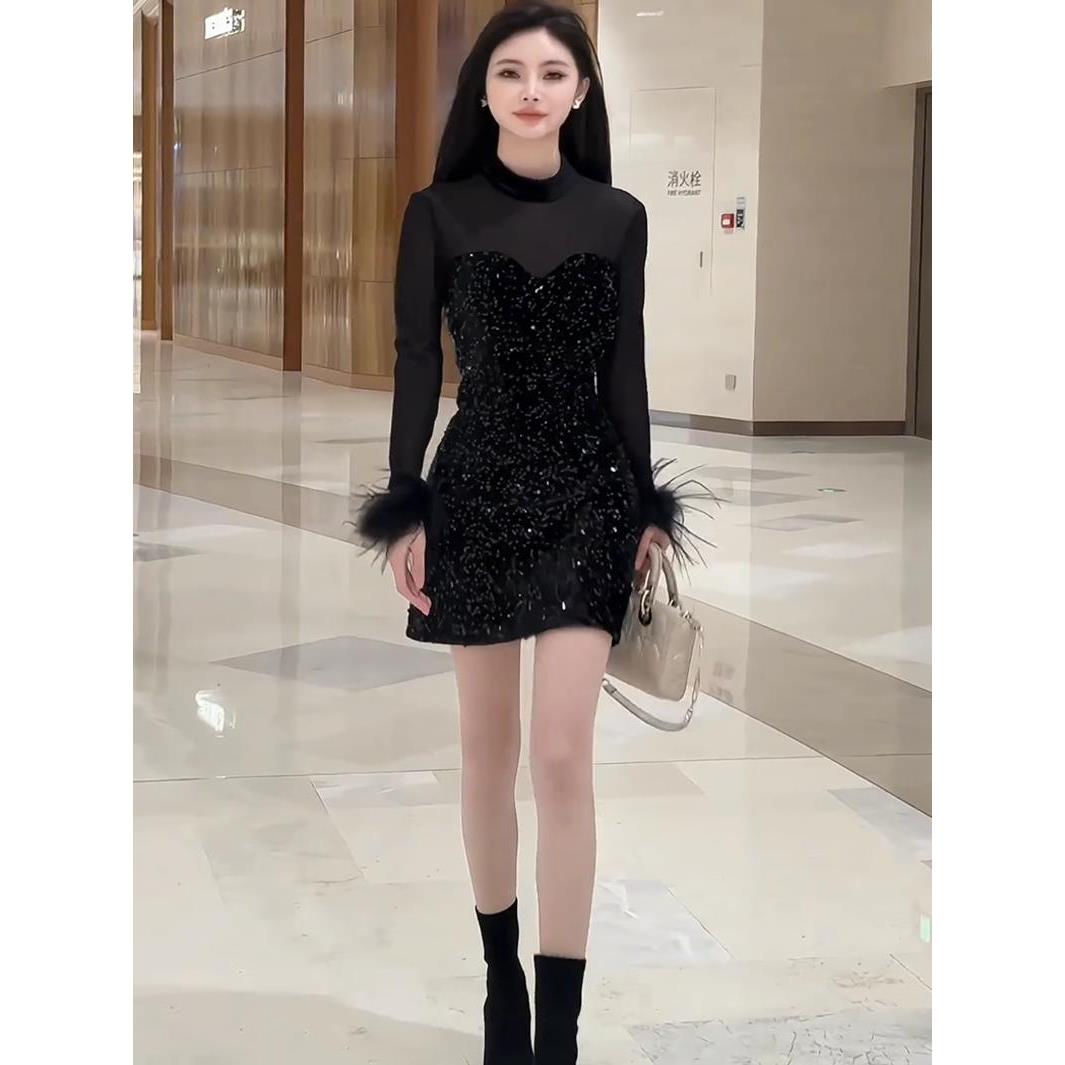 2025冬季新款性感气质亮片时髦连衣裙洋气显瘦网纱拼接年会包臀裙