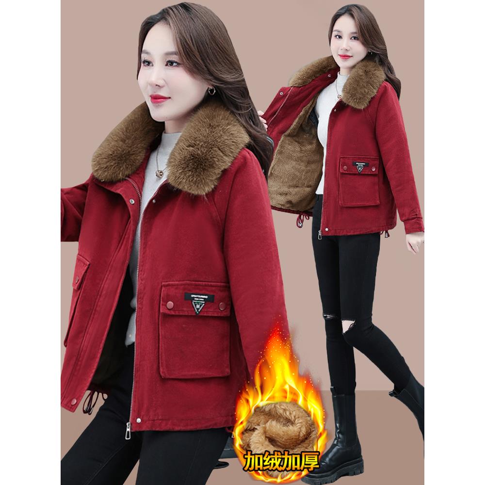 派克服女装加绒加厚2025新款秋冬季棉衣外套短款收腰口袋毛领棉服