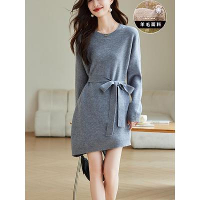 羊毛小个子针织连衣裙女秋冬季不规则打底衫配大衣的内搭毛衣裙子