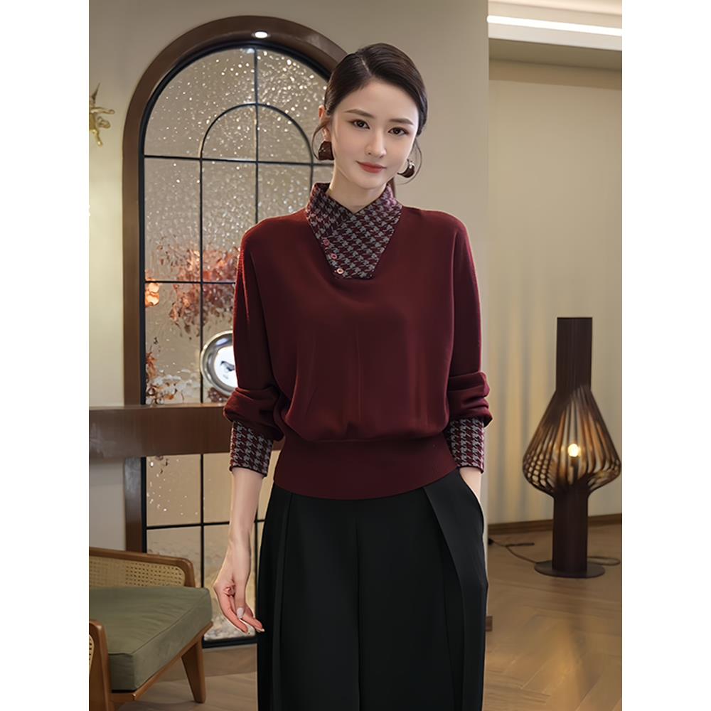 假两件针织衫女2025新款秋冬打底衫内搭宽松酒红色毛衣慵懒高级感