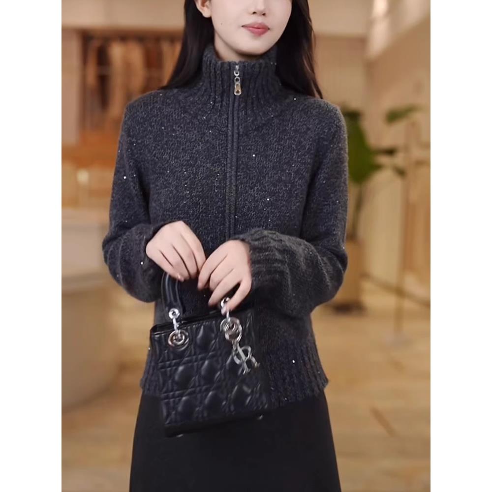 2025秋冬新款高级感亮片双拉链高领针织开衫女气质减龄毛衣外套