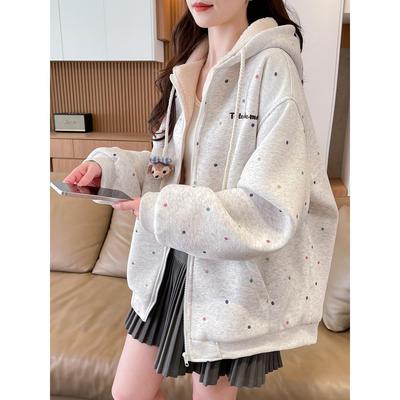 羊羔毛连帽外套女2025新款青少年学生秋冬加绒加厚卫衣棒球服棉衣