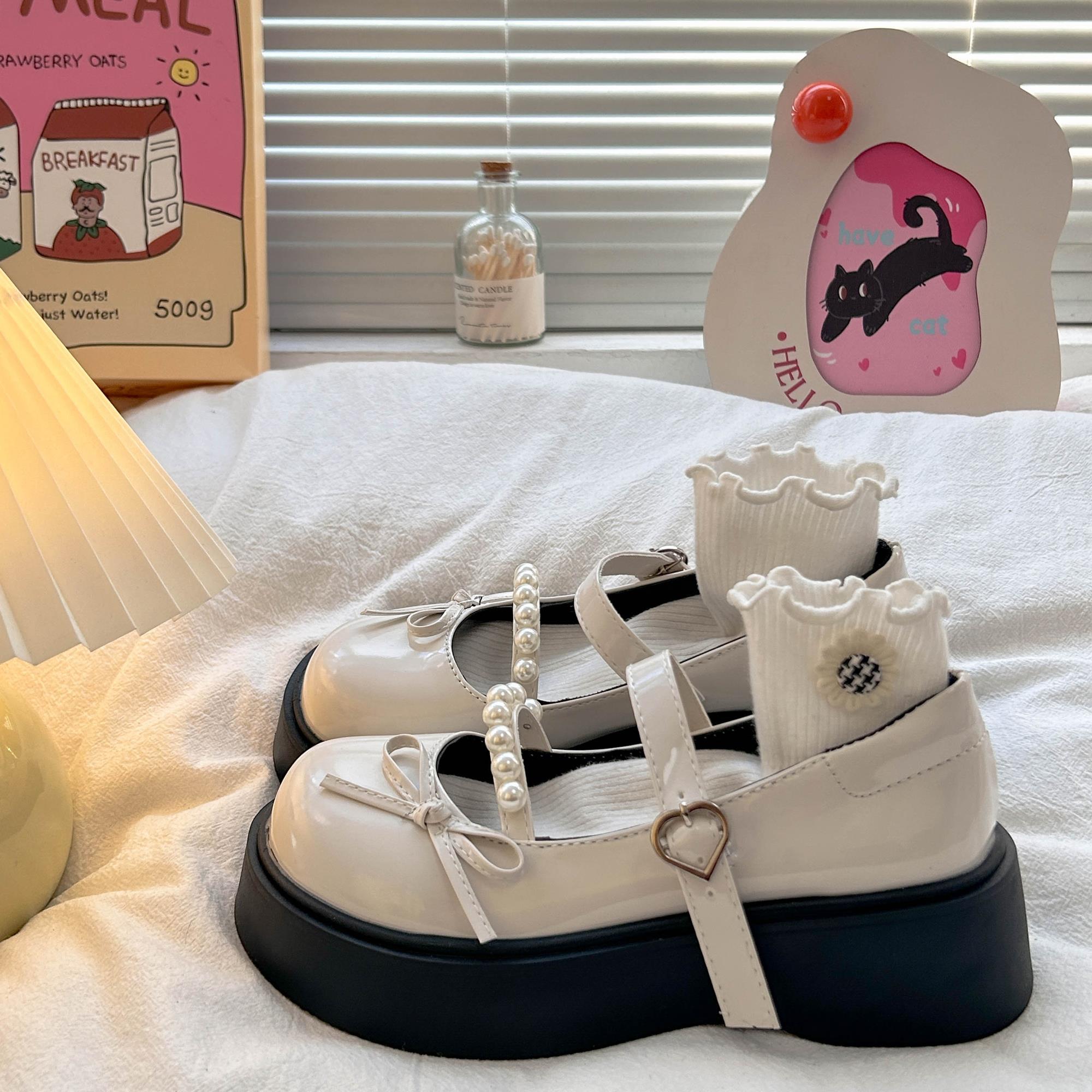 法式白色珍珠蝴蝶结玛丽珍女鞋2025秋季新款松糕厚底配裙子小皮鞋