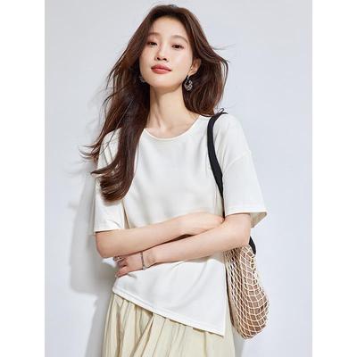 2025夏装新款真丝白色短袖衬衫女短款t恤开叉薄款轻奢高级感上衣