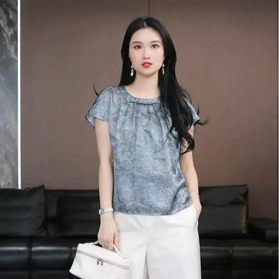 【隐月】徐淼淼春夏款“丝语江南”真丝提花重磅桑蚕丝上衣XC2146