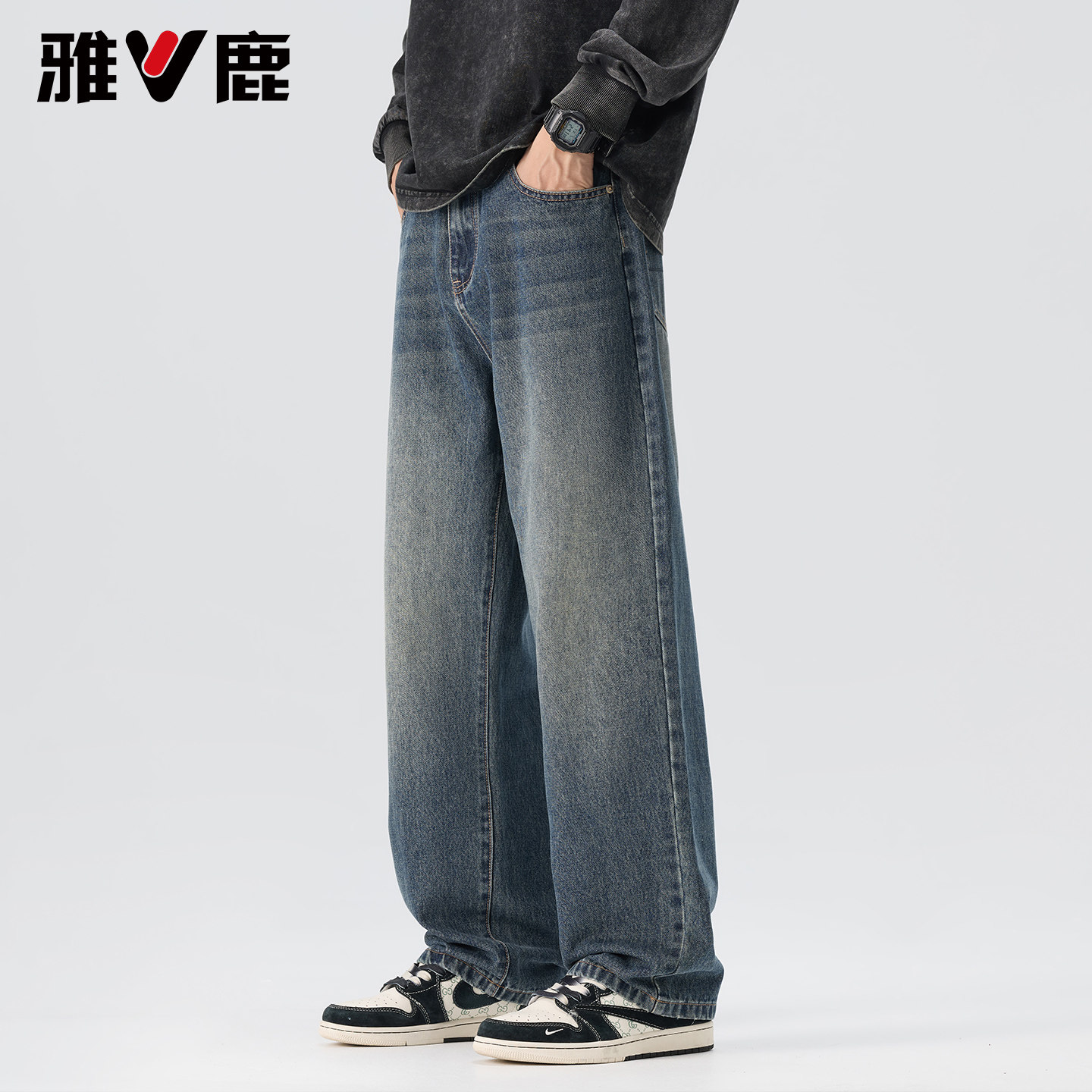 雅鹿宽松直筒阔腿牛仔裤男2026春季新款复古潮牌时尚休闲弯刀长裤,男装,牛仔裤,淘宝优惠券,粉丝福利购,淘宝优惠卷