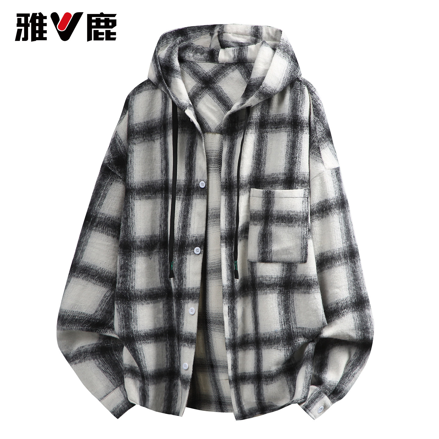 雅鹿2026春秋季新款宽松连帽长袖格子衬衫男青年潮牌休闲衬衣外套,男装,衬衫,淘宝优惠券,粉丝福利购,淘宝优惠卷