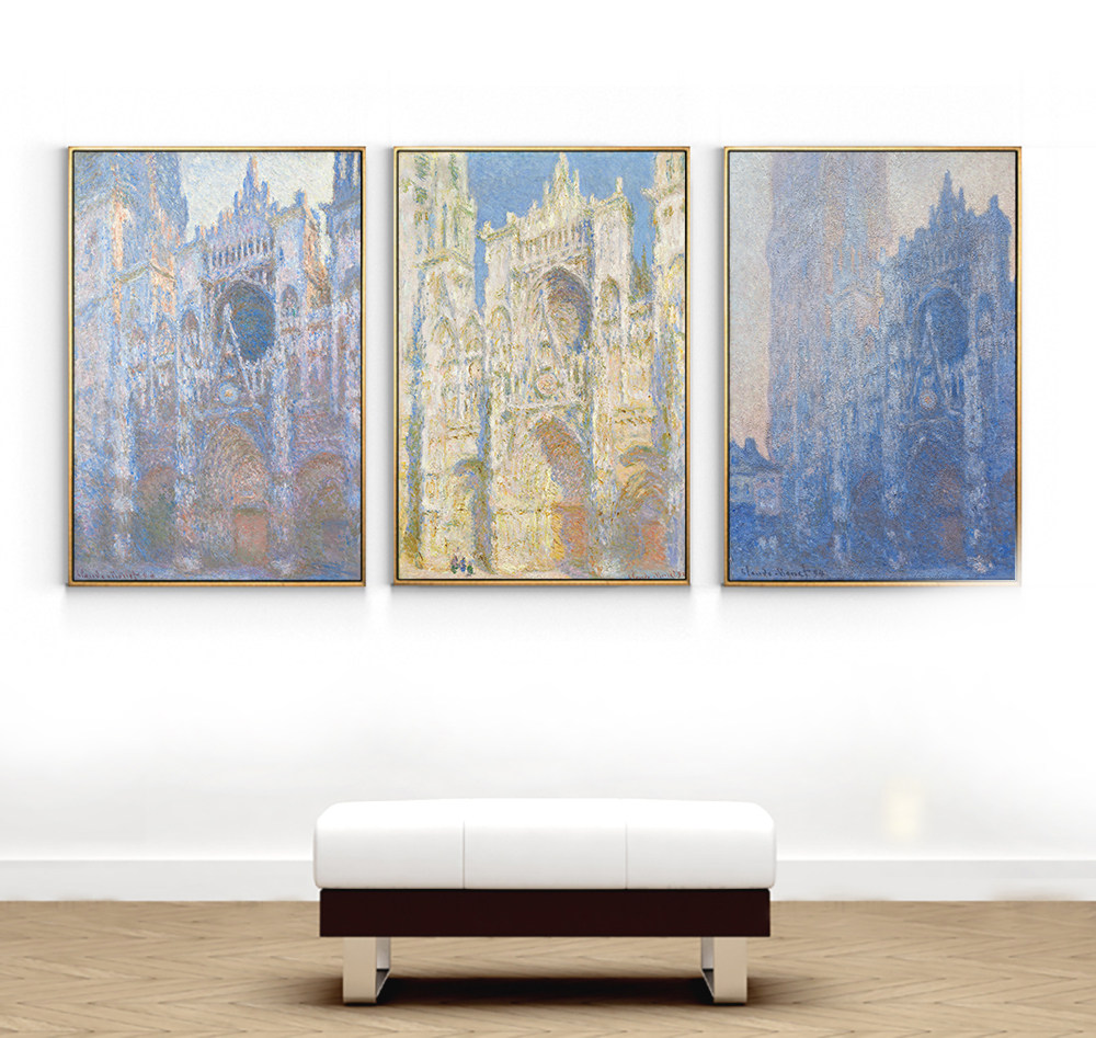 世界名画莫奈鲁昂大教堂印象派三联风景装饰画北欧风竖版抽象挂画