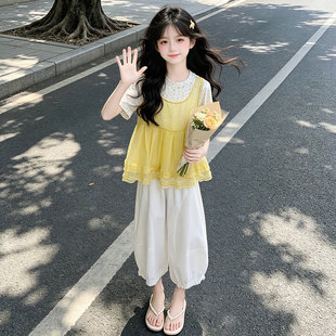 女童夏装三件套新款中大童碎花短袖T恤配黄色吊带背心灯笼裤子潮