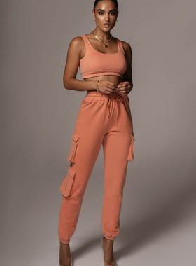 Pure color pocketed trousers track pants casual suits 束脚裤