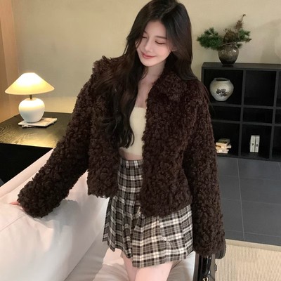 2024皮草外套女毛绒外套秋冬皮毛一体卷毛泰迪熊短款羊羔毛上衣