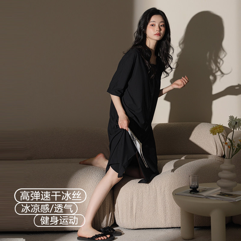 速干高弹冰丝睡裙女士夏季半袖开衫睡衣冰凉感莫代尔空调衫连衣裙