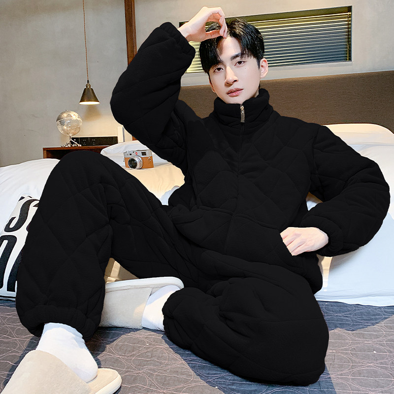 睡衣男士冬季三层加厚夹棉袄珊瑚绒加绒男款青少年冬天家居服套装