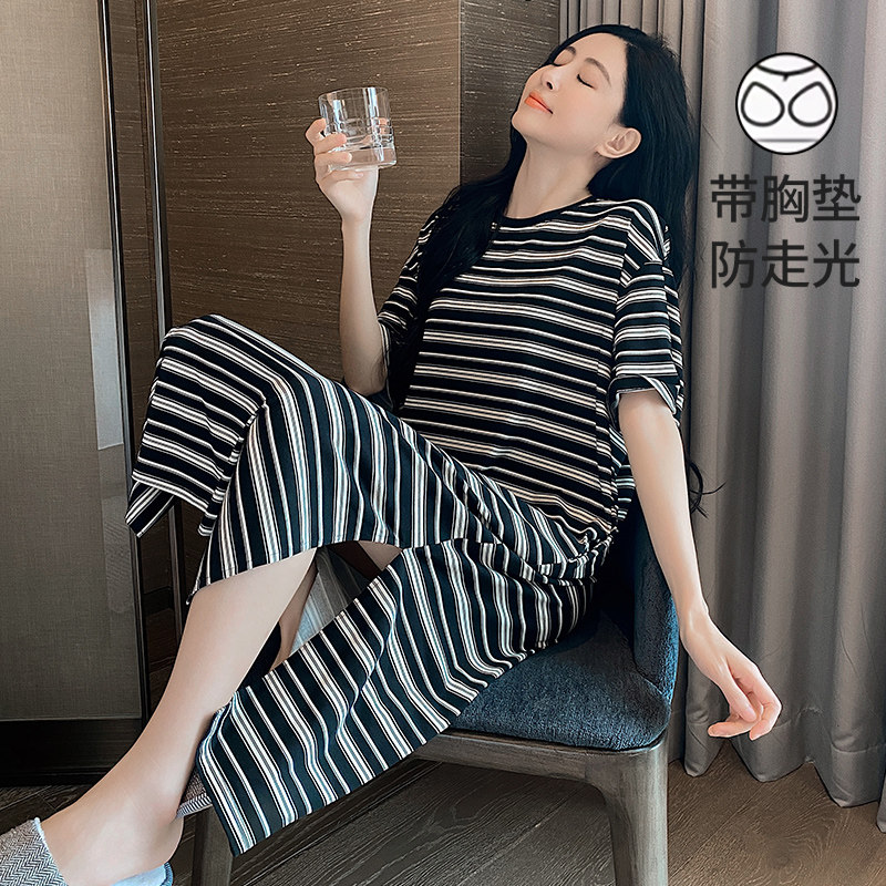 睡裙带胸垫一体女夏季睡衣纯棉短袖孕妇夏天薄款条纹可外穿家居服