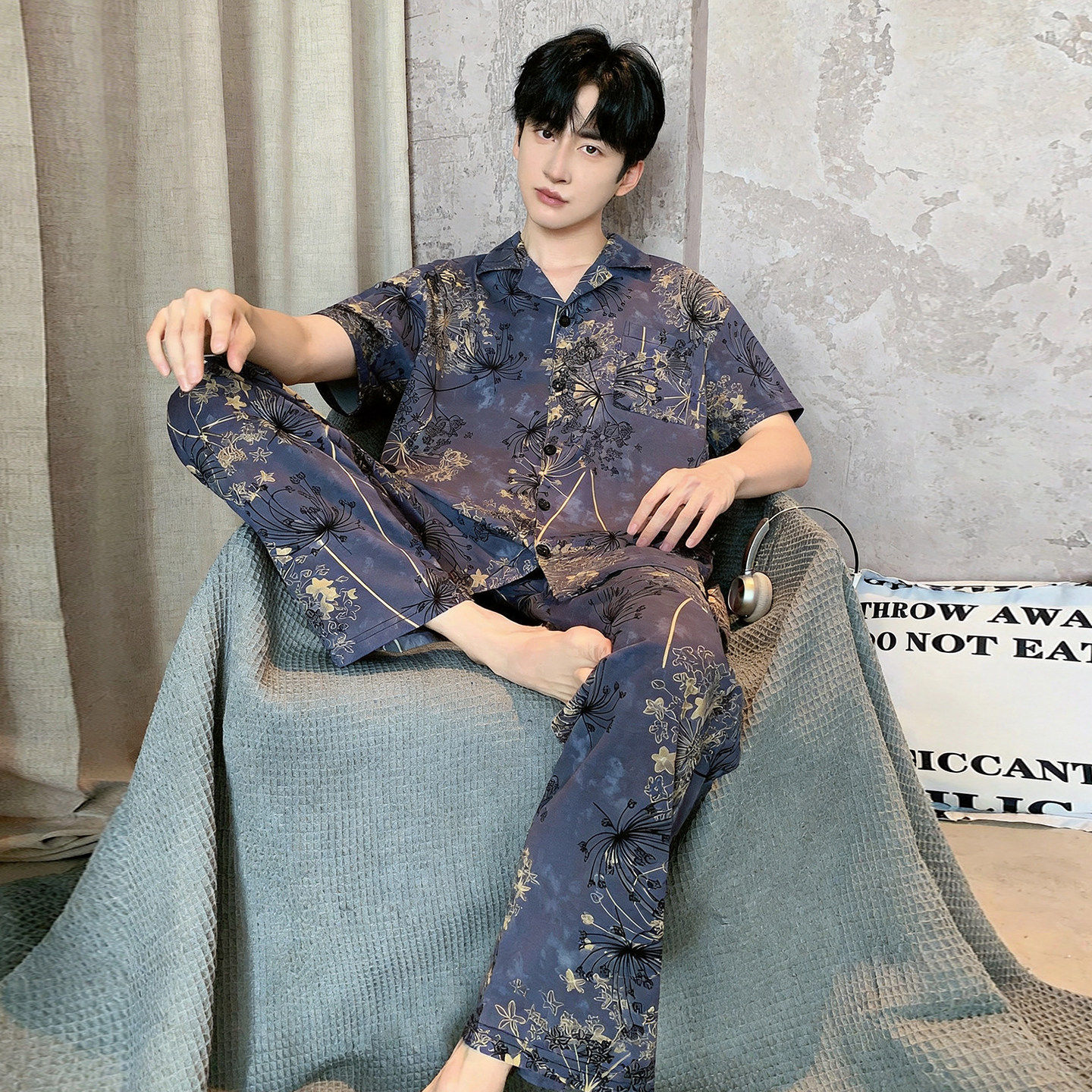 睡衣男款夏季纯棉短袖长裤男生2026新款春夏天男士家居服开衫套装