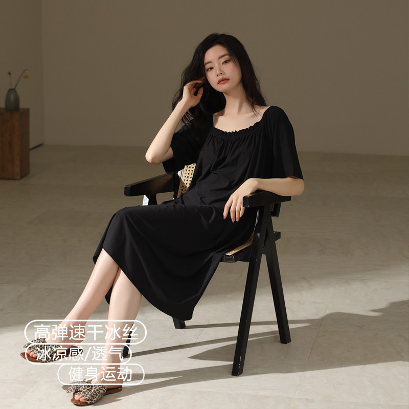 速干高弹冰丝睡裙女夏季短袖睡衣冰凉感莫代尔薄款中长款连衣裙夏