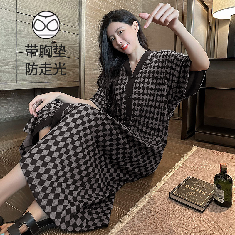 睡裙睡衣带胸垫一体夏季女纯棉女士短袖孕妇夏天长款可外穿家居服