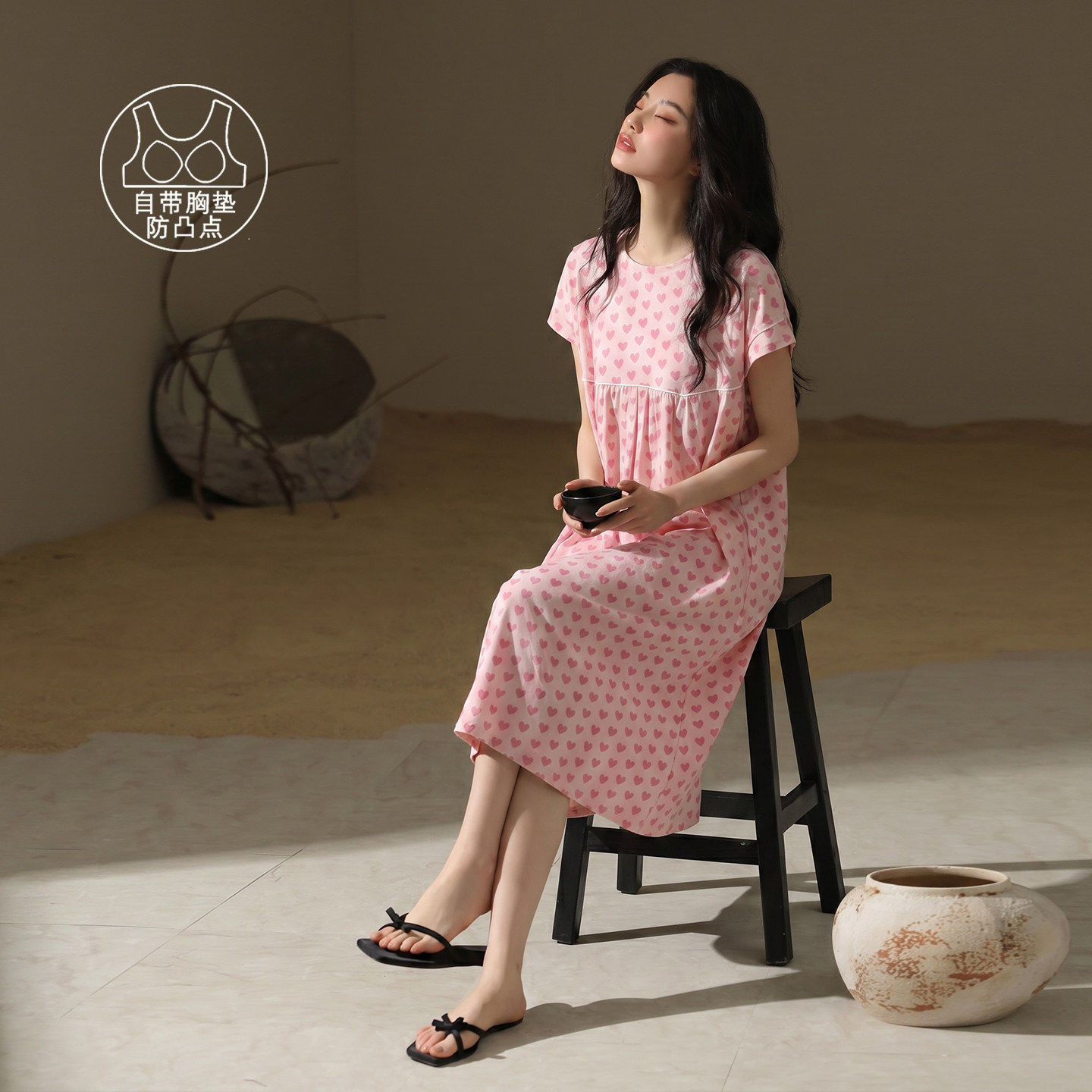 带胸垫睡裙女款夏季纯棉短袖可外穿夏天中长款简约睡衣女家居服夏
