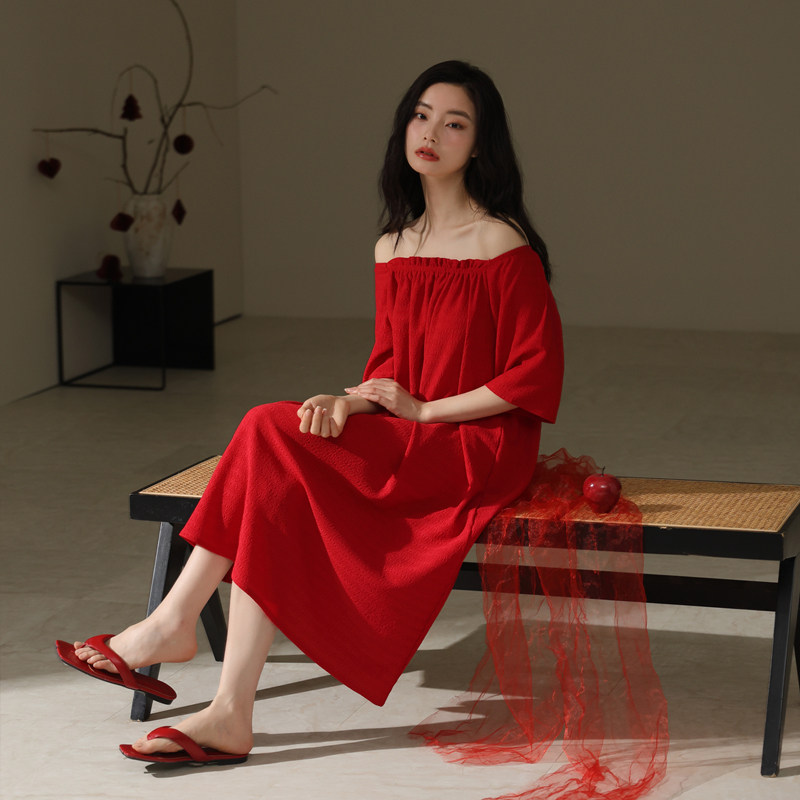 双节皱布睡裙女士夏季本命年大红色新年睡衣薄款中长款女生连衣裙
