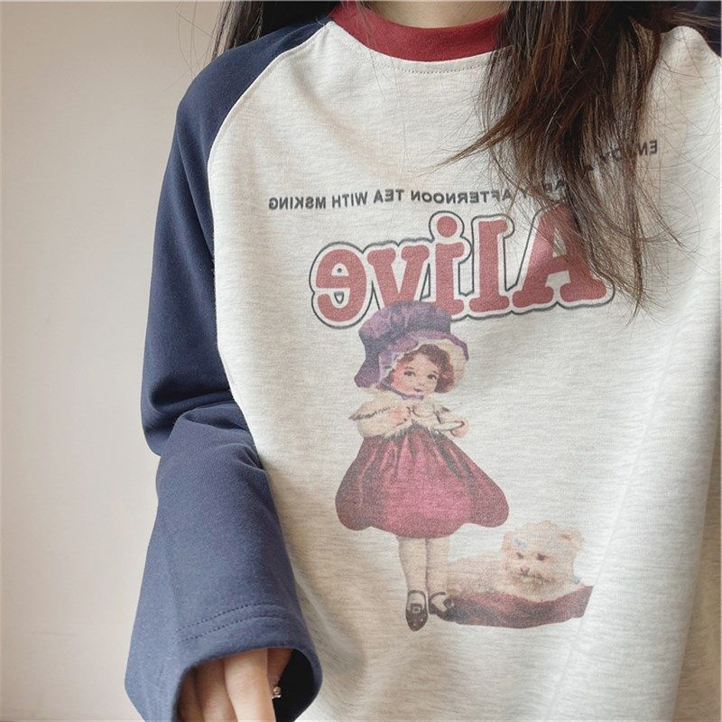 哺乳衣春夏秋外出喂奶产后辣妈美式复古印花上衣撞色插肩长袖T恤