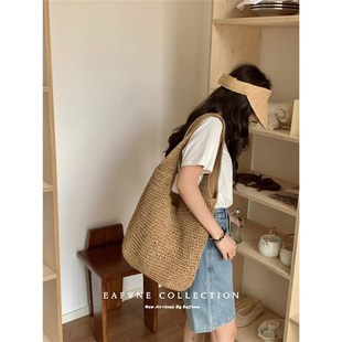 慵懒风单肩大容量斜挎草包女夏帆布袋海边度假沙滩编织包包草编包