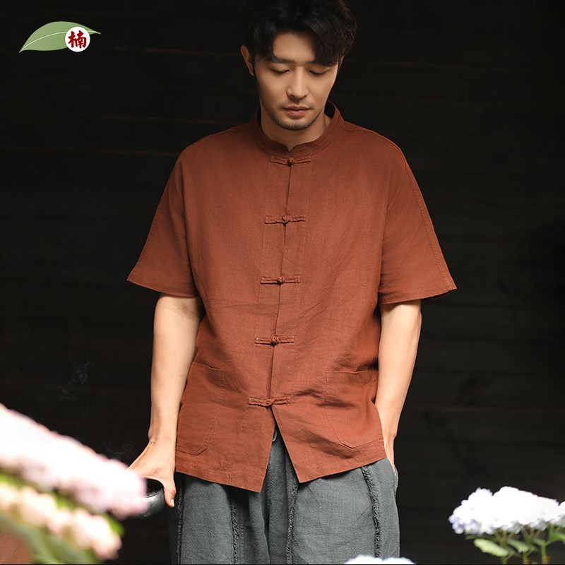 楠苎麻上衣2025夏新款亚麻短袖衬衫男爸爸中国风唐装中式盘扣烟岚