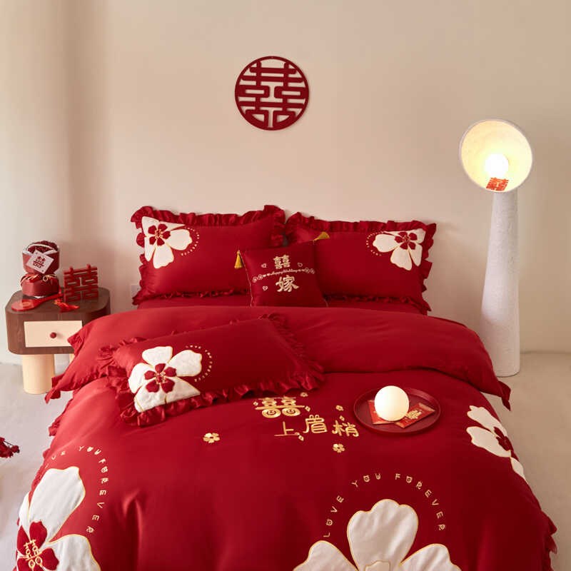 高档中式刺绣全棉婚庆四件u套大红色床单被套纯棉陪嫁结婚床上用