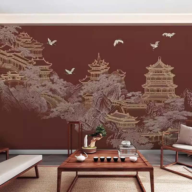 中式墙纸红色复古中国风装饰背景墙壁画I立体线描楼阁建筑宫殿壁