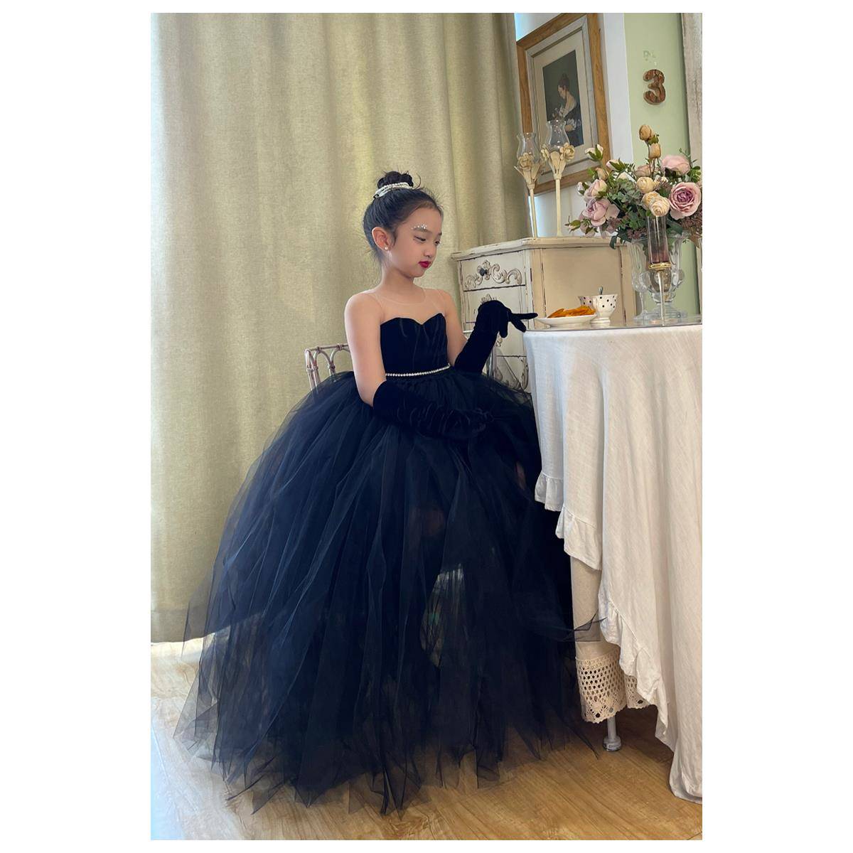 女童赫本风黑色晚礼服生日宴会公主裙儿童拍照T台走秀表演出长裙
