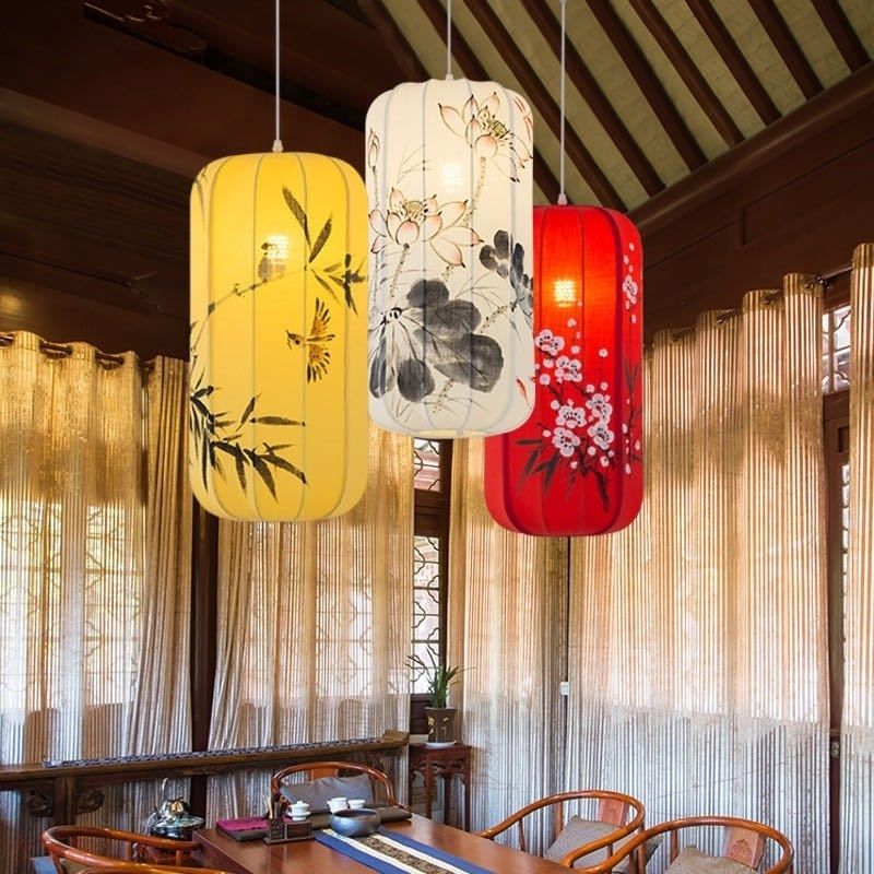 仿古典新中式火锅店吊灯吧台单头小吊灯布艺手绘餐厅茶楼走廊过道