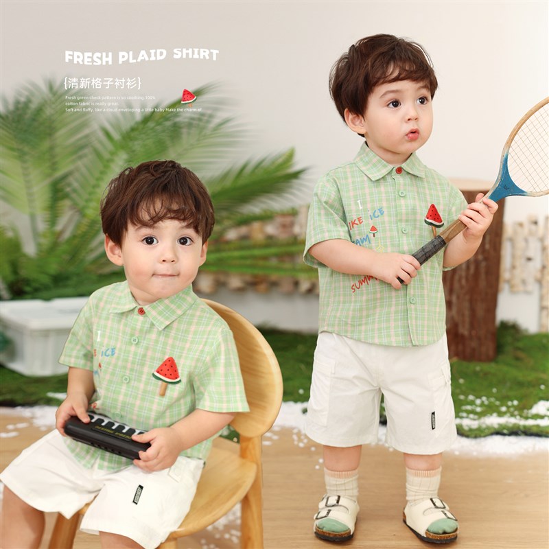 小O爸男婴童 宝宝格子衬衫绿色短袖夏季2025新款纯棉a类婴儿上衣