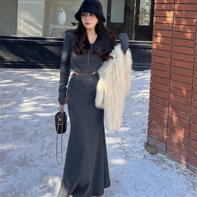 气质高级感羊绒针织高腰中长版半身裙秋冬短款上Q衣长裙子两件式