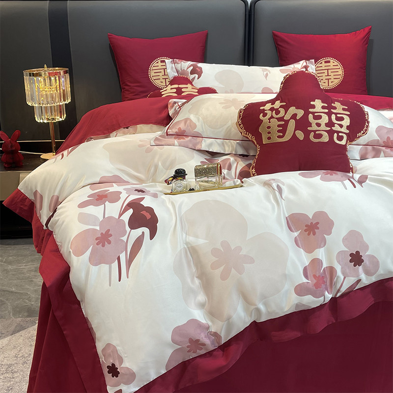 简约新婚庆180支长绒棉四u件套全棉红色印花结婚被套床单婚房陪嫁,床上用品,婚庆床品套件,淘宝优惠券,粉丝福利购,淘宝优惠卷