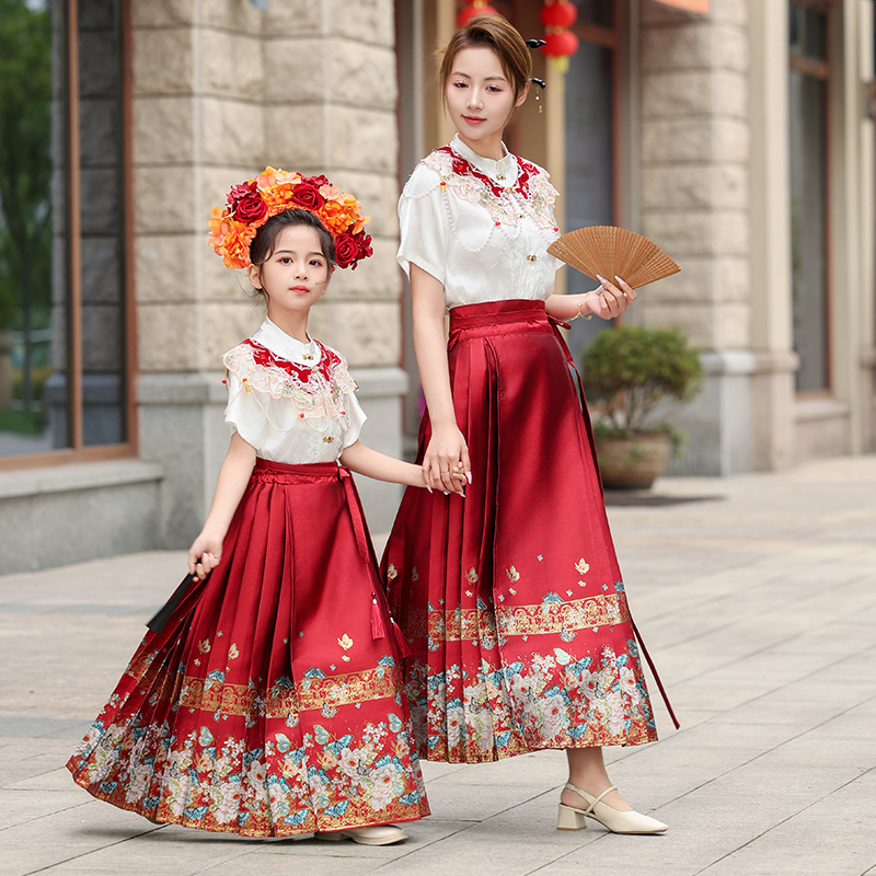 马面裙女童春夏新款2024亲子装唐装汉服中国风儿童古装套装连衣裙