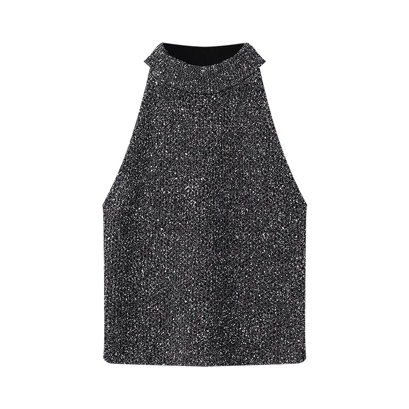 细闪无袖挂脖针织衫背心女