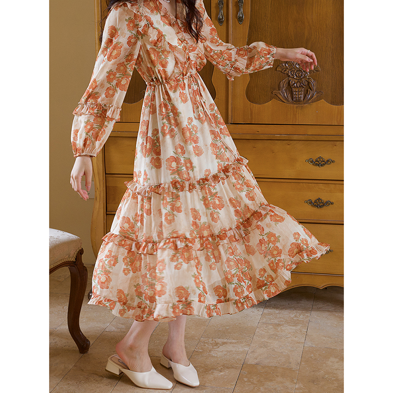 联名款《橙染花相》长袖连衣裙