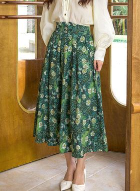 莫耦某[梵高野玫瑰]半身裙女高腰碎花百褶中长款大摆伞裙绿色文艺